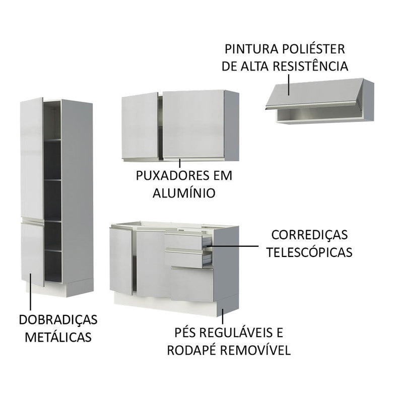 Armário de Cozinha Compacta 100% MDF 260cm Portas Branco Brilho Acordes Madesa 02