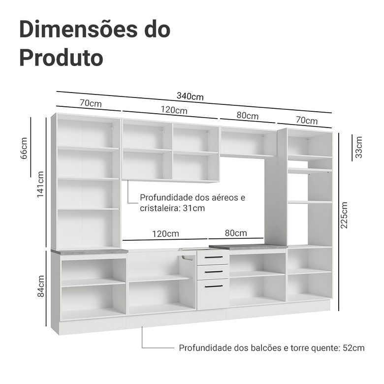 Armário de Cozinha Completa 340cm Branco Agata Madesa 01