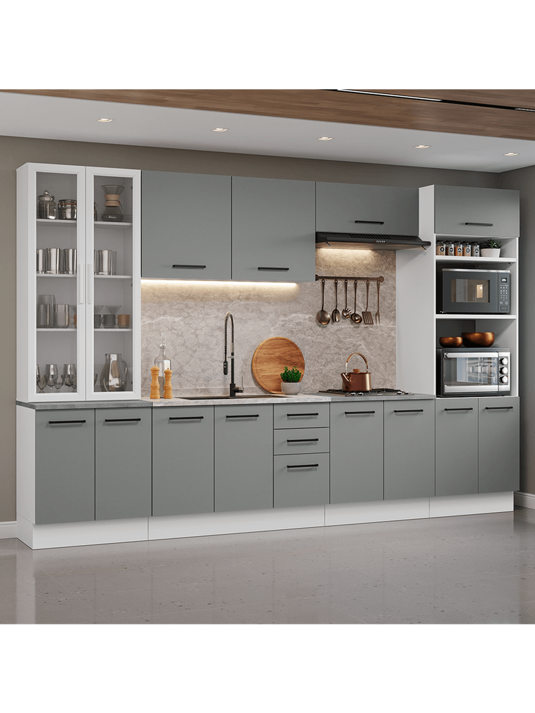 Armário de Cozinha Completa 340cm Branco/Cinza Agata Madesa 01