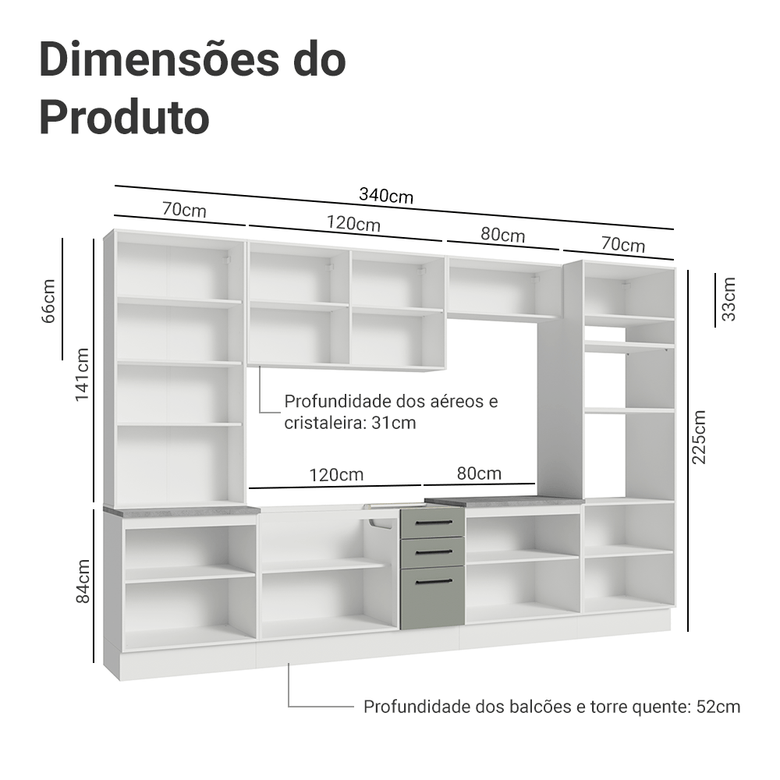 Armário de Cozinha Completa 340cm Branco/Cinza Agata Madesa 01
