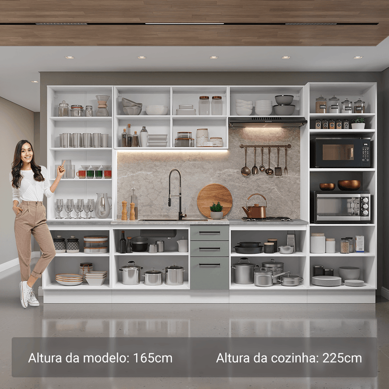 Armário de Cozinha Completa 340cm Branco/Cinza Agata Madesa 01