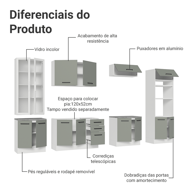Armário de Cozinha Completa 340cm Branco/Cinza Agata Madesa 01
