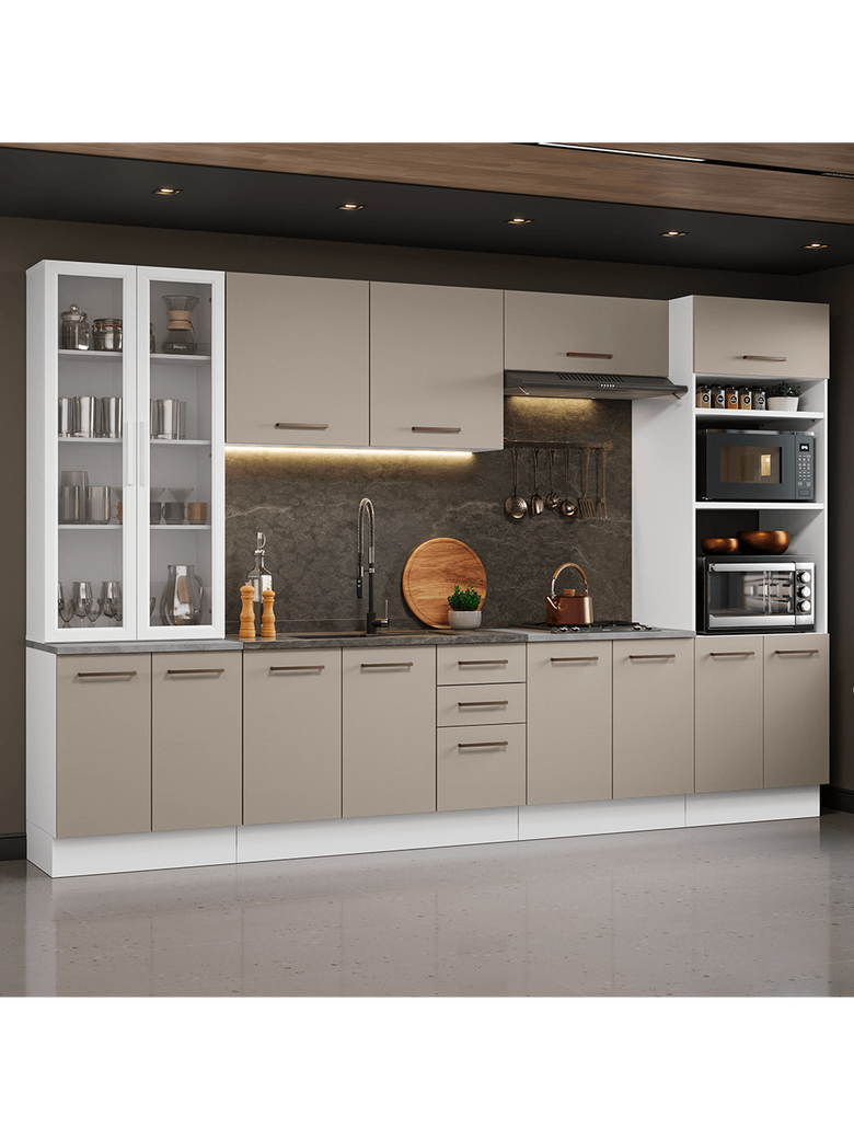 Armário de Cozinha Completa 340cm Branco/Crema Agata Madesa 01