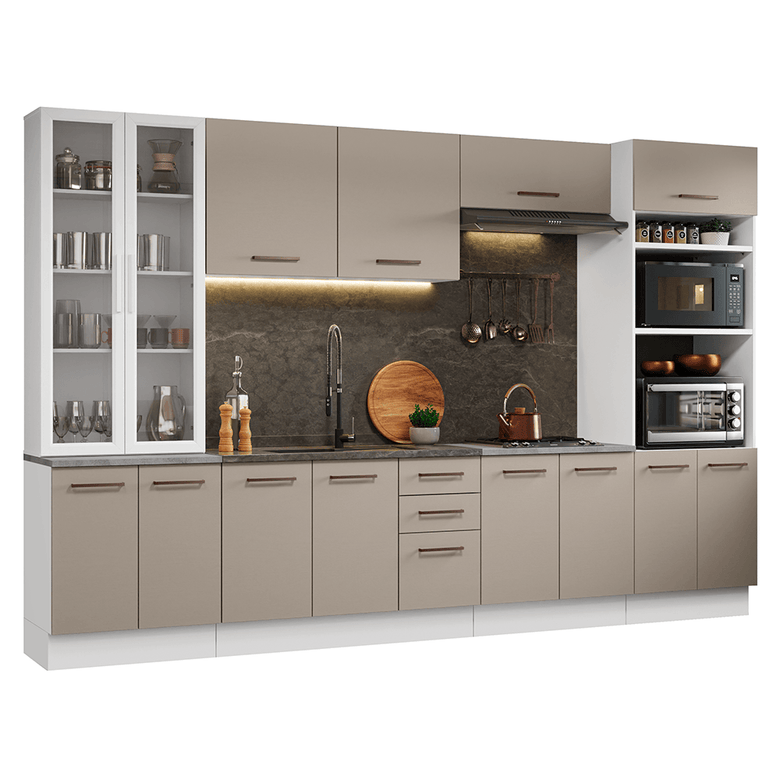 Armário de Cozinha Completa 340cm Branco/Crema Agata Madesa 01