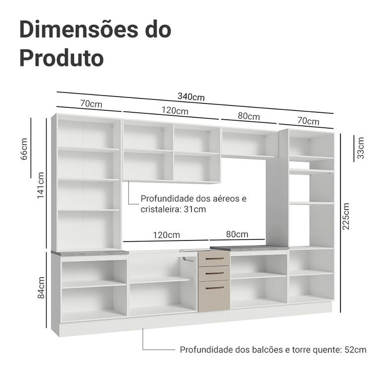 Armário de Cozinha Completa 340cm Branco/Crema Agata Madesa 01