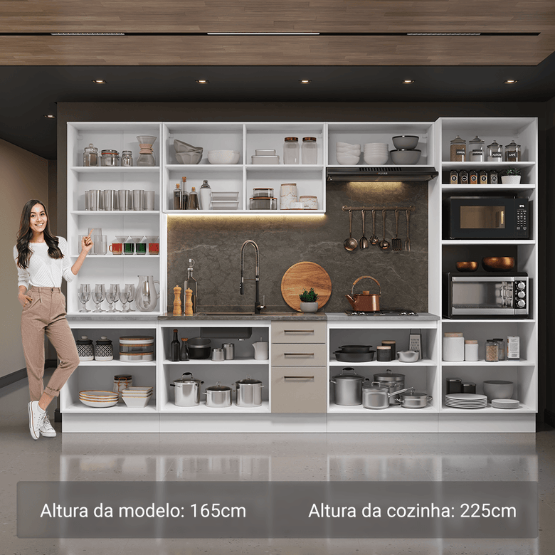 Armário de Cozinha Completa 340cm Branco/Crema Agata Madesa 01