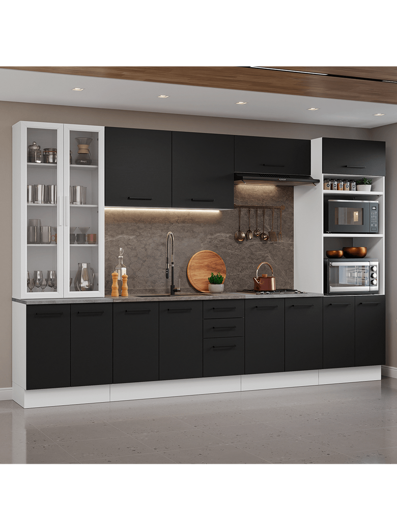 Armário de Cozinha Completa 340cm Branco/Preto Agata Madesa 01