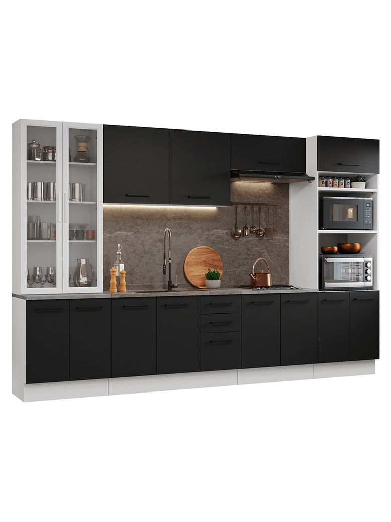 Armário de Cozinha Completa 340cm Branco/Preto Agata Madesa 01