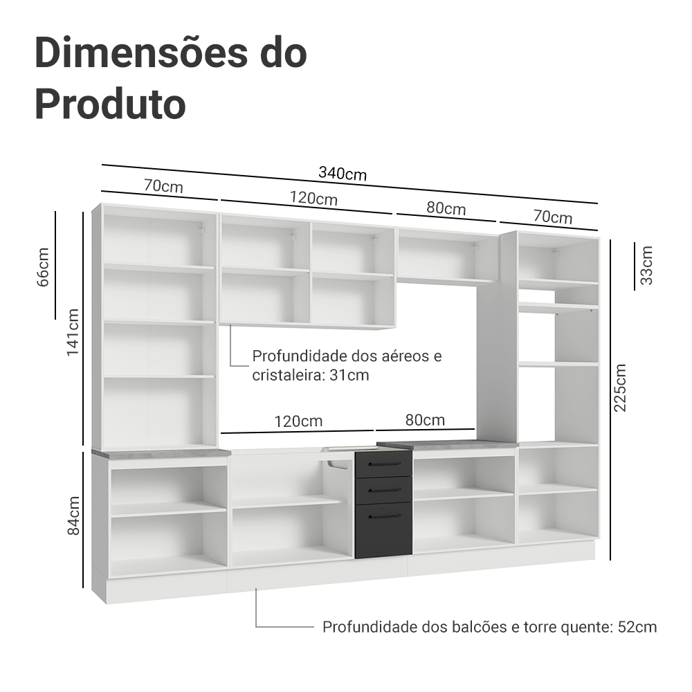 Armário de Cozinha Completa 340cm Branco/Preto Agata Madesa 01