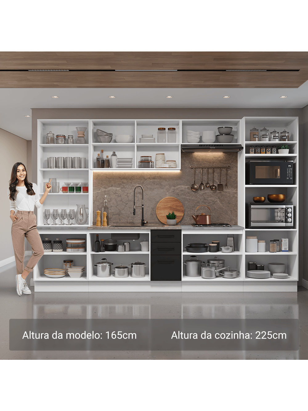 Armário de Cozinha Completa 340cm Branco/Preto Agata Madesa 01