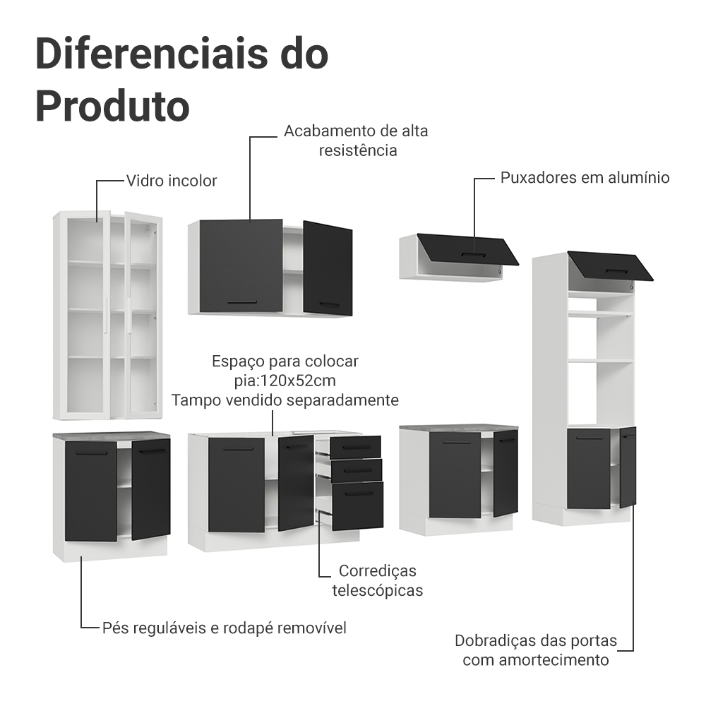 Armário de Cozinha Completa 340cm Branco/Preto Agata Madesa 01