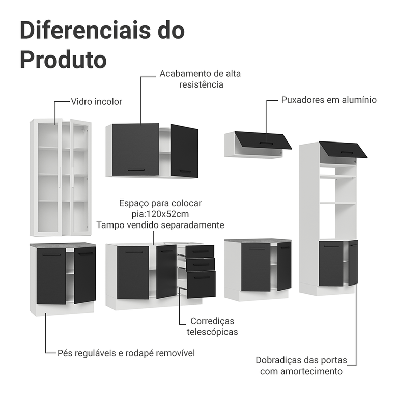 Armário de Cozinha Completa 340cm Branco/Preto Agata Madesa 01