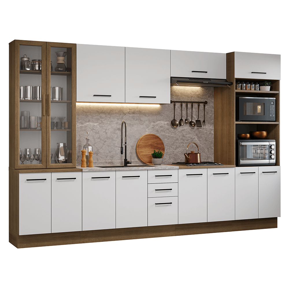 Armário de Cozinha Completa 340cm Rustic/Branco Agata Madesa 01 - Rustic/Branco