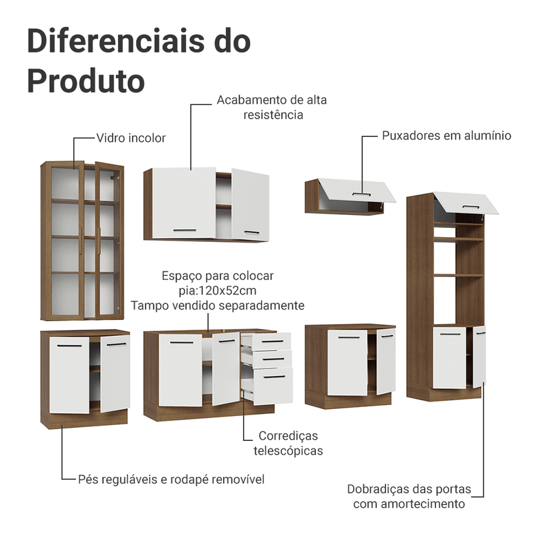 Armário de Cozinha Completa 340cm Rustic/Branco Agata Madesa 01
