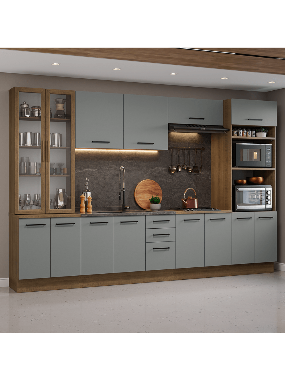 Armário de Cozinha Completa 340cm Rustic/Cinza Agata Madesa 01 - Rustic/Cinza