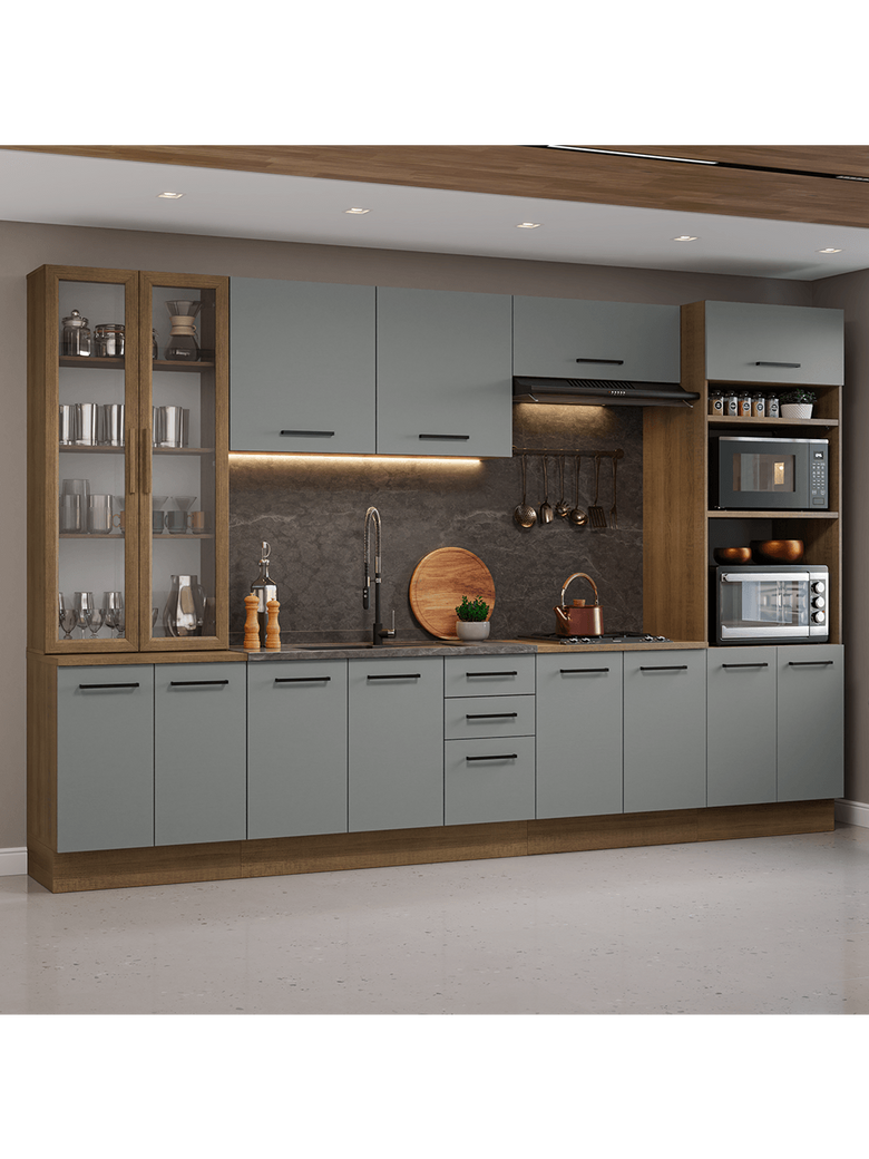 Armário de Cozinha Completa 340cm Rustic/Cinza Agata Madesa 01