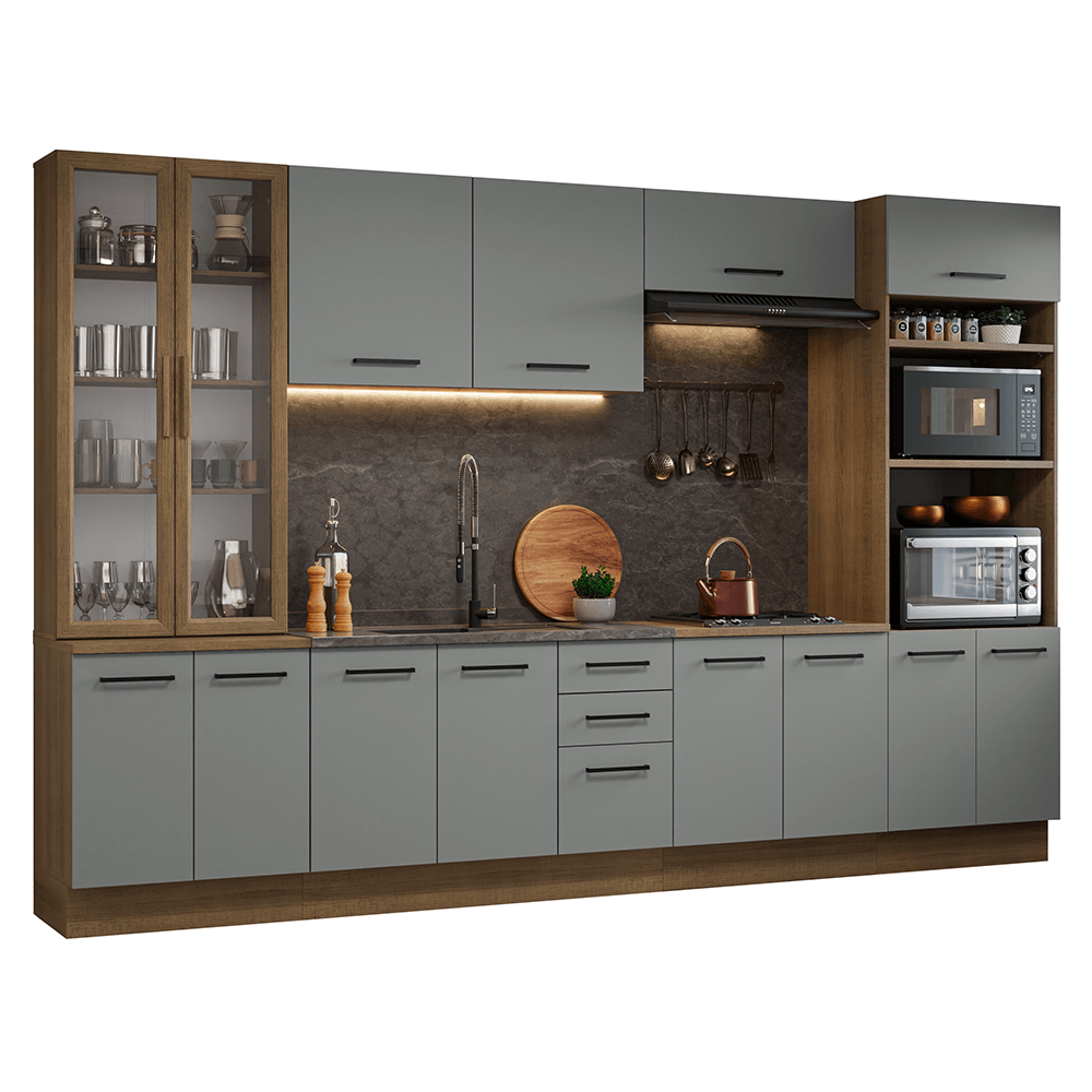 Armário de Cozinha Completa 340cm Rustic/Cinza Agata Madesa 01 - Rustic/Cinza
