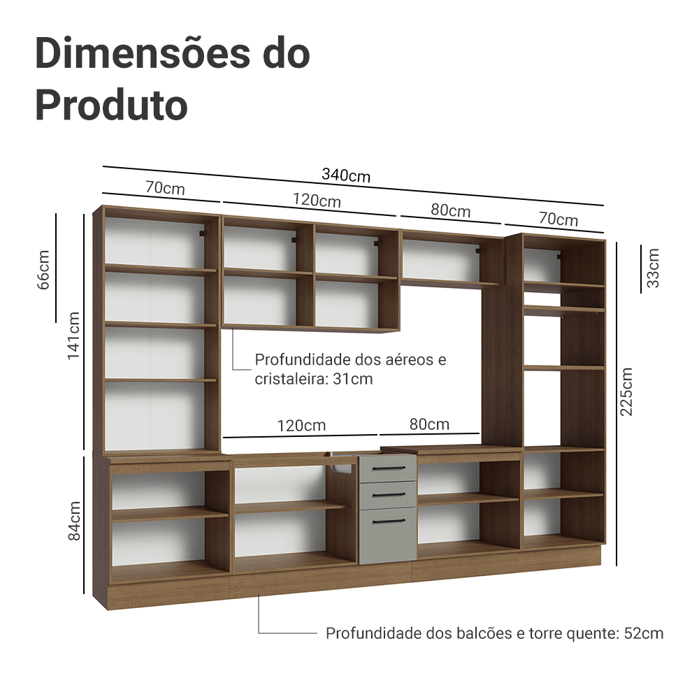 Armário de Cozinha Completa 340cm Rustic/Cinza Agata Madesa 01