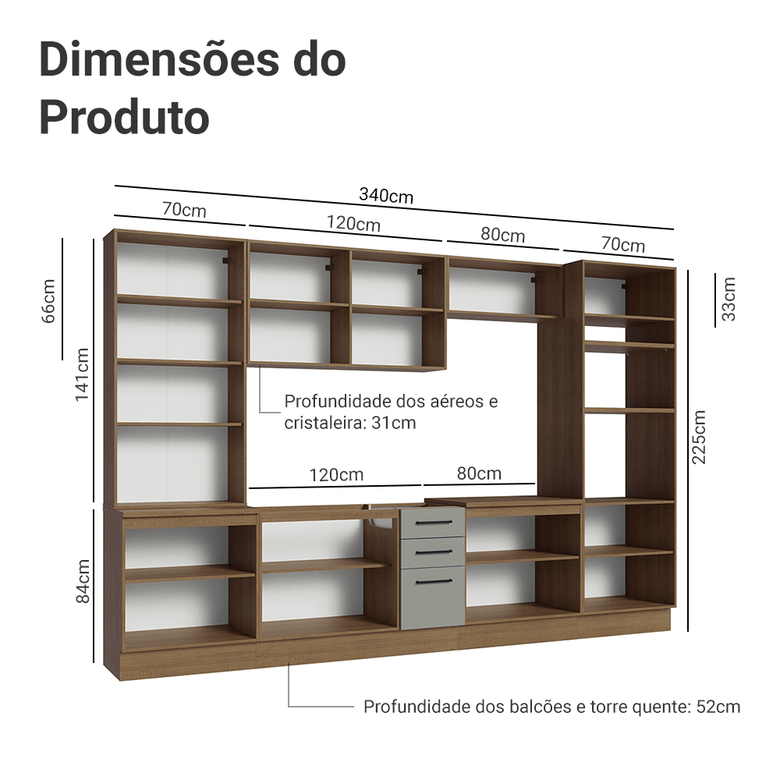 Armário de Cozinha Completa 340cm Rustic/Cinza Agata Madesa 01