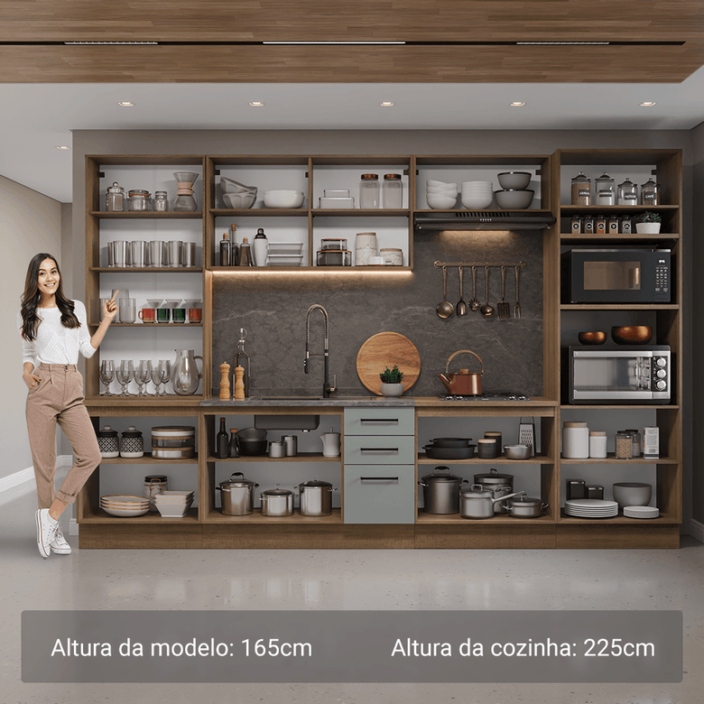 Armário de Cozinha Completa 340cm Rustic/Cinza Agata Madesa 01