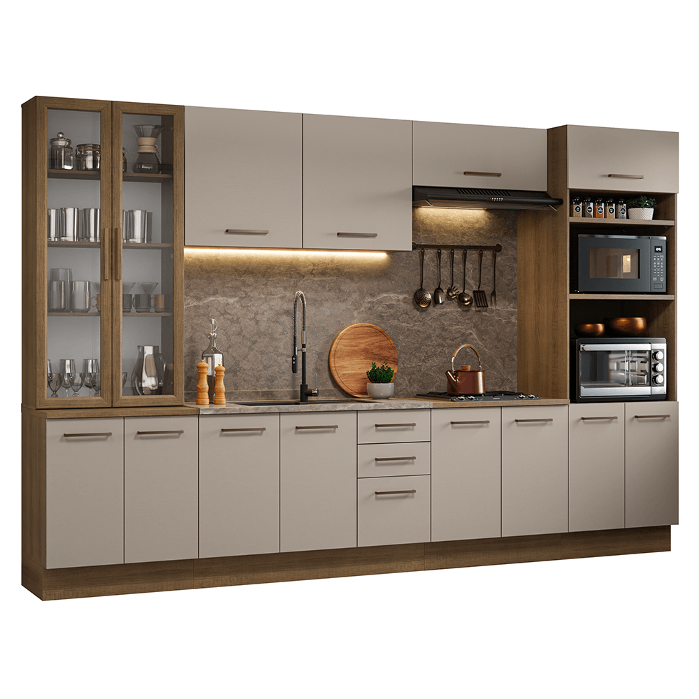 Armário de Cozinha Completa 340cm Rustic/Crema Agata Madesa 01 - Rustic/Crema
