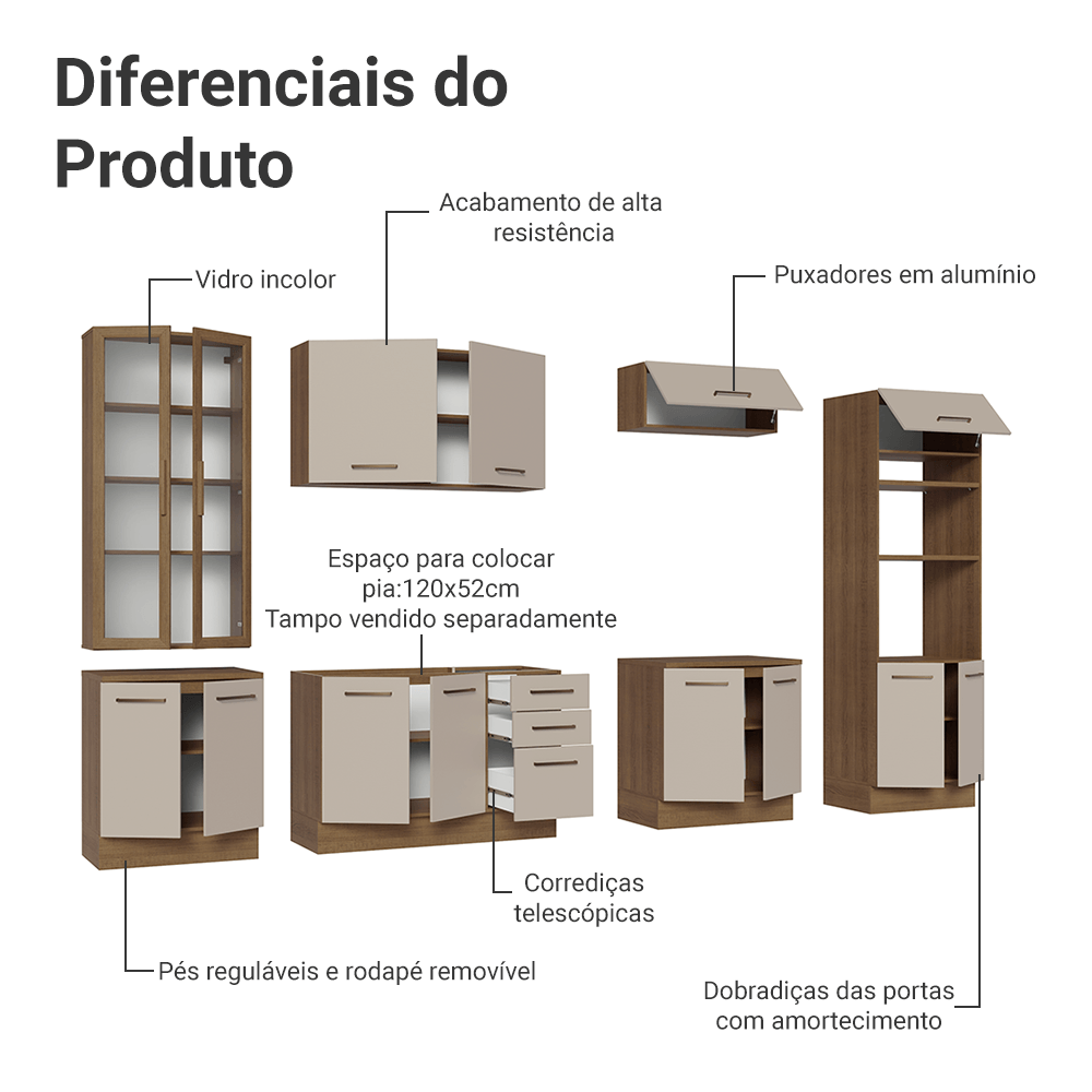 Armário de Cozinha Completa 340cm Rustic/Crema Agata Madesa 01