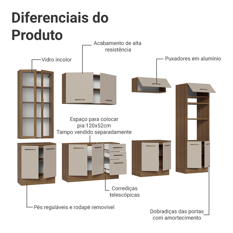 Armário de Cozinha Completa 340cm Rustic/Crema Agata Madesa 01