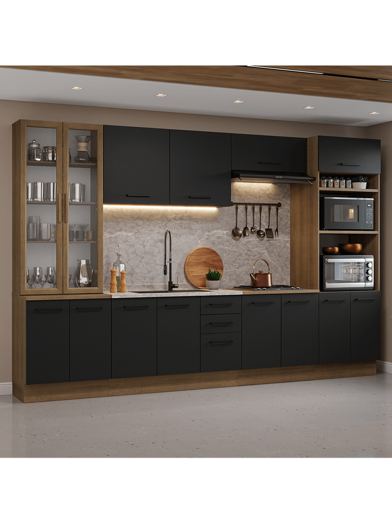 Armário de Cozinha Completa 340cm Rustic/Preto Agata Madesa 01