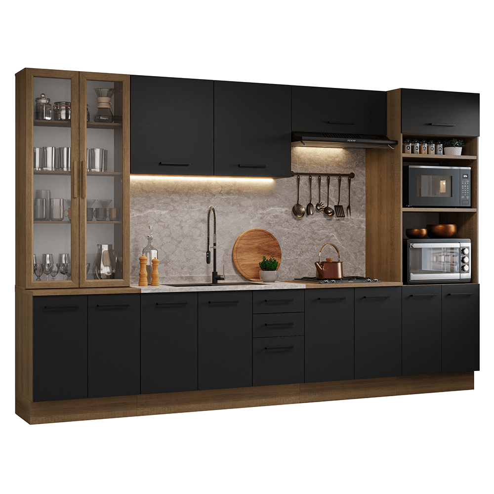 Armário de Cozinha Completa 340cm Rustic/Preto Agata Madesa 01 - Rustic/Preto
