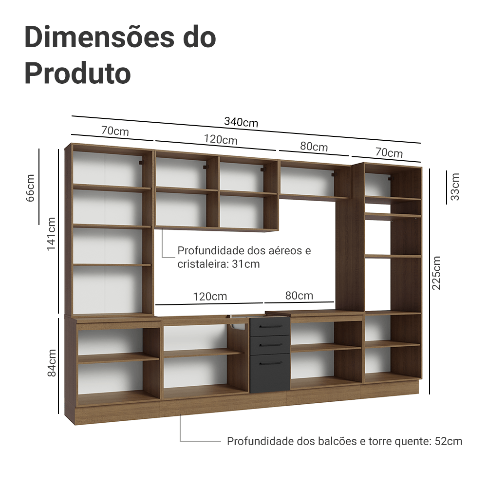 Armário de Cozinha Completa 340cm Rustic/Preto Agata Madesa 01