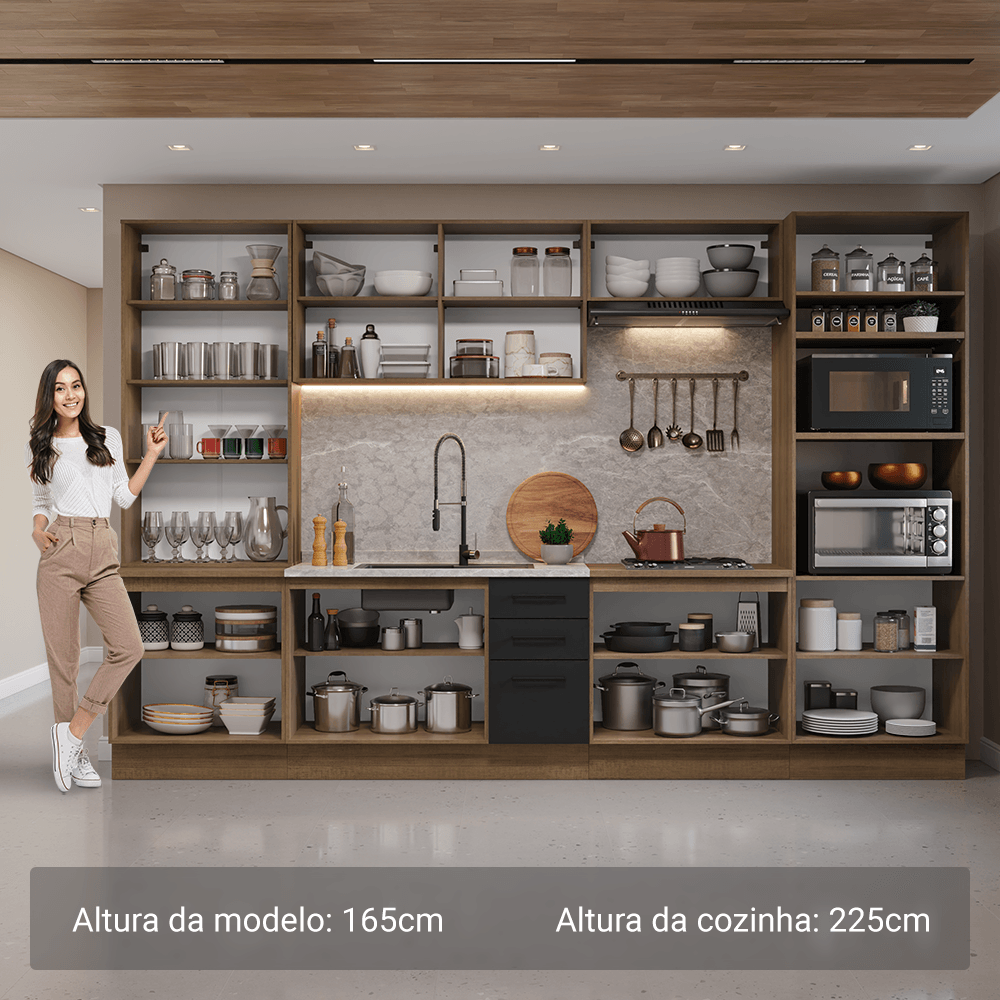 Armário de Cozinha Completa 340cm Rustic/Preto Agata Madesa 01