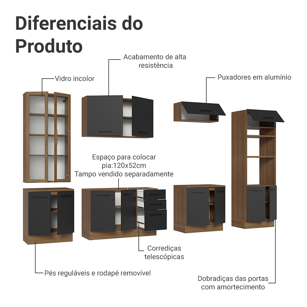 Armário de Cozinha Completa 340cm Rustic/Preto Agata Madesa 01