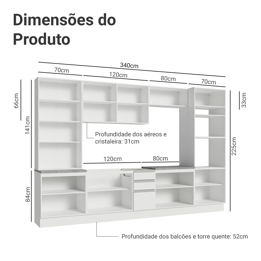 Armário de Cozinha Completa 340cm Branco Glamy Madesa 01