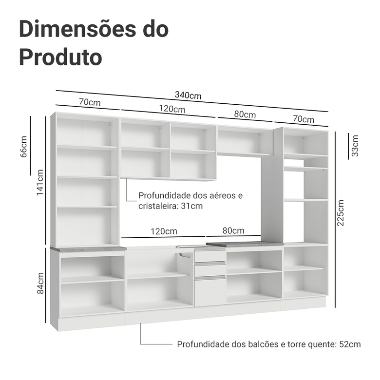 Armário de Cozinha Completa 340cm Branco Glamy Madesa 01