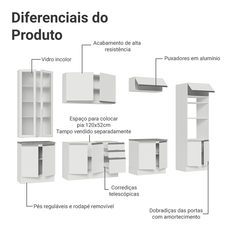 Armário de Cozinha Completa 340cm Branco Glamy Madesa 01