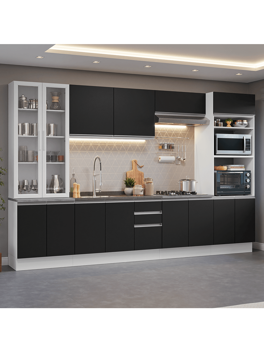 Armário de Cozinha Completa 340cm Branco/Preto Glamy Madesa 01 - Branco/Preto