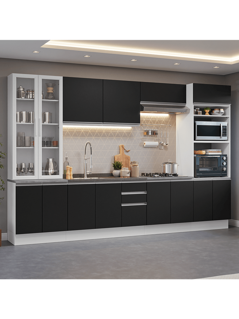 Armário de Cozinha Completa 340cm Branco/Preto Glamy Madesa 01