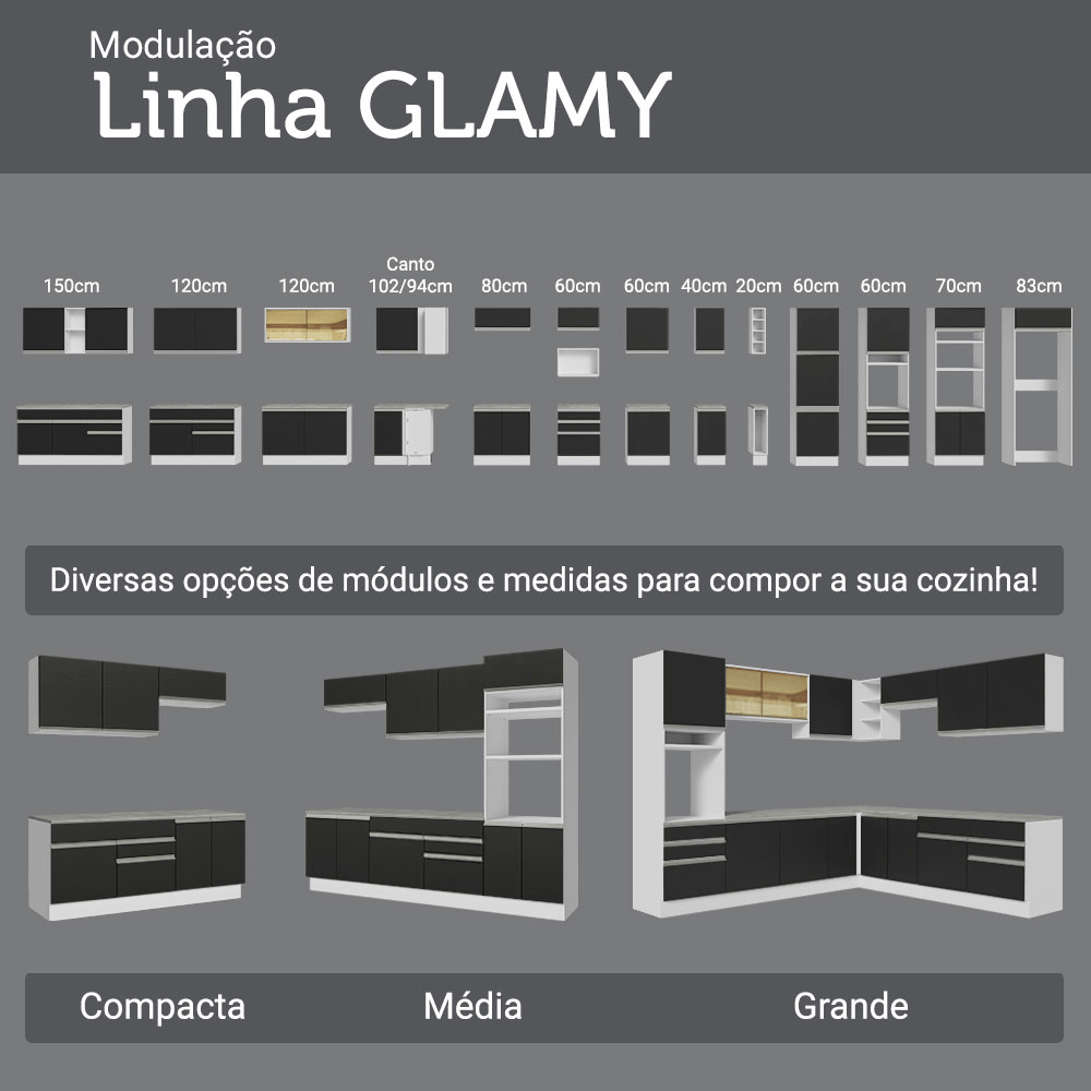 Armário de Cozinha Completa 340cm Branco/Preto Glamy Madesa 01