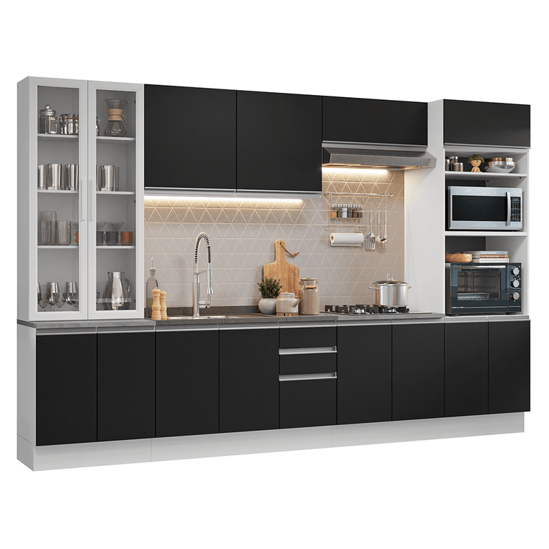 Armário de Cozinha Completa 340cm Branco/Preto Glamy Madesa 01