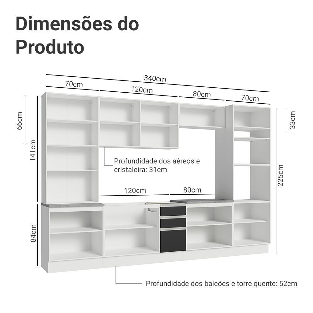 Armário de Cozinha Completa 340cm Branco/Preto Glamy Madesa 01