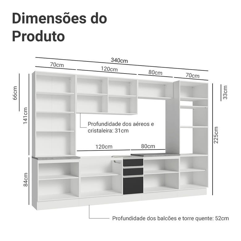 Armário de Cozinha Completa 340cm Branco/Preto Glamy Madesa 01