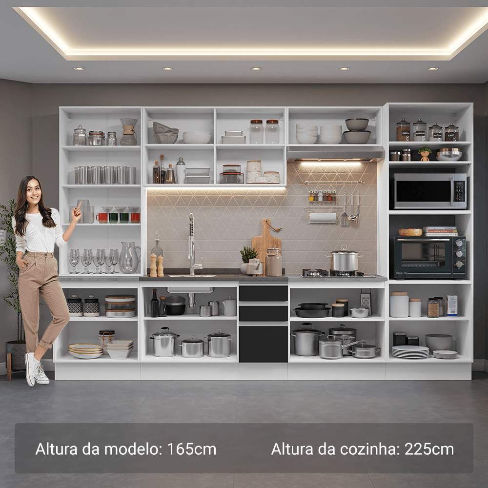 Armário de Cozinha Completa 340cm Branco/Preto Glamy Madesa 01