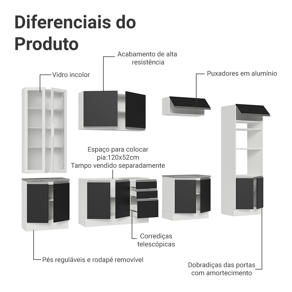 Armário de Cozinha Completa 340cm Branco/Preto Glamy Madesa 01