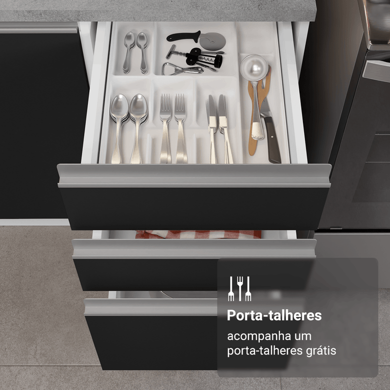 Armário de Cozinha Completa 340cm Branco/Preto Glamy Madesa 01