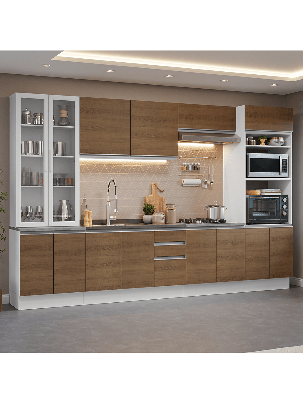 Armário de Cozinha Completa 340cm Branco/Rustic Glamy Madesa 01 - Branco/Rustic