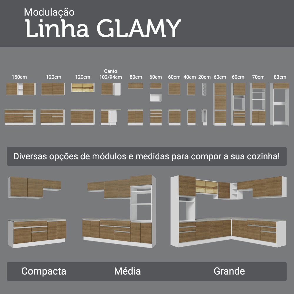 Armário de Cozinha Completa 340cm Branco/Rustic Glamy Madesa 01