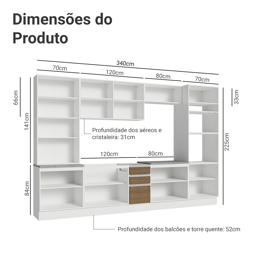 Armário de Cozinha Completa 340cm Branco/Rustic Glamy Madesa 01