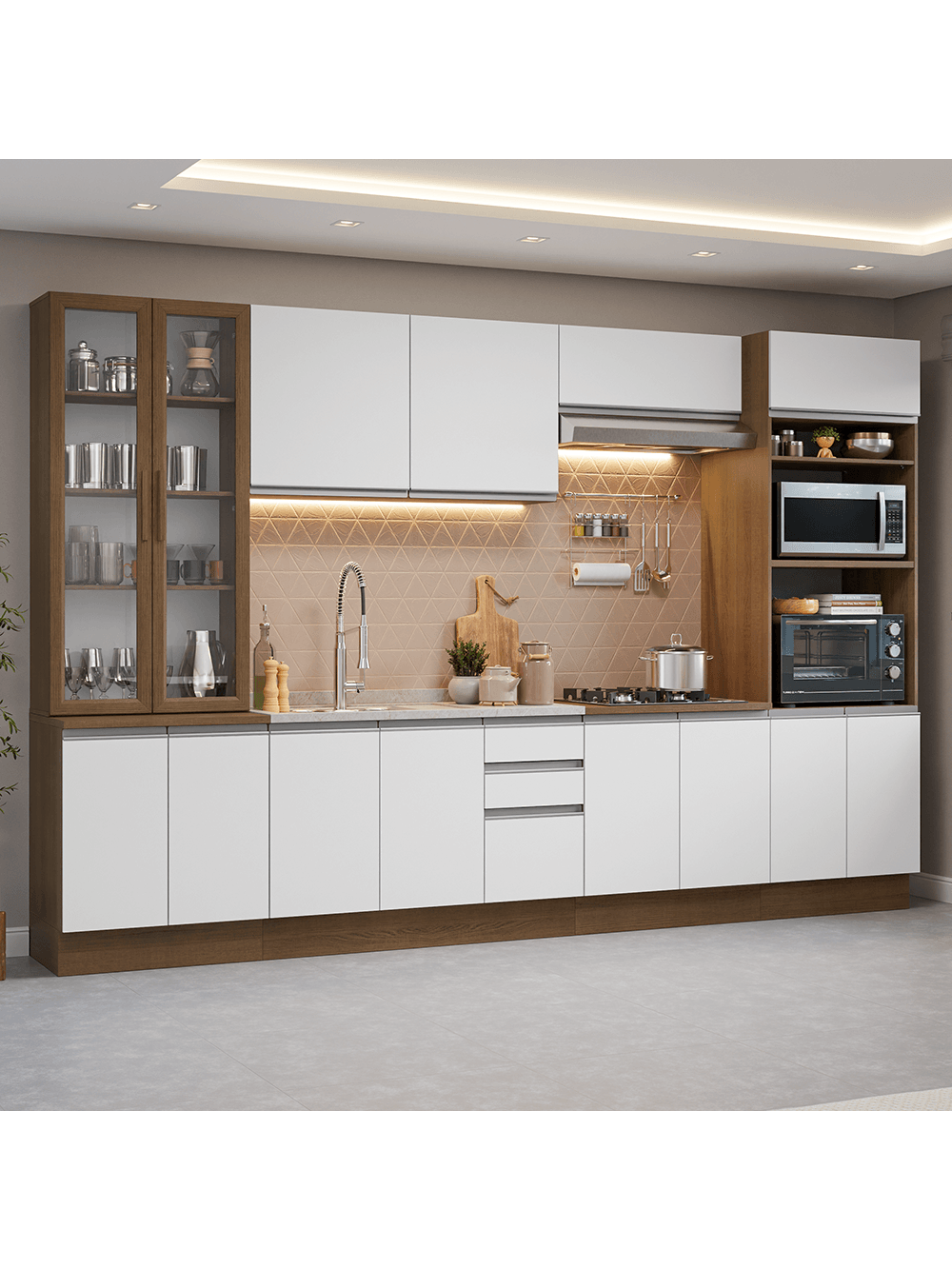 Armário de Cozinha Completa 340cm Rustic/Branco Glamy Madesa 01 - Rustic/Branco