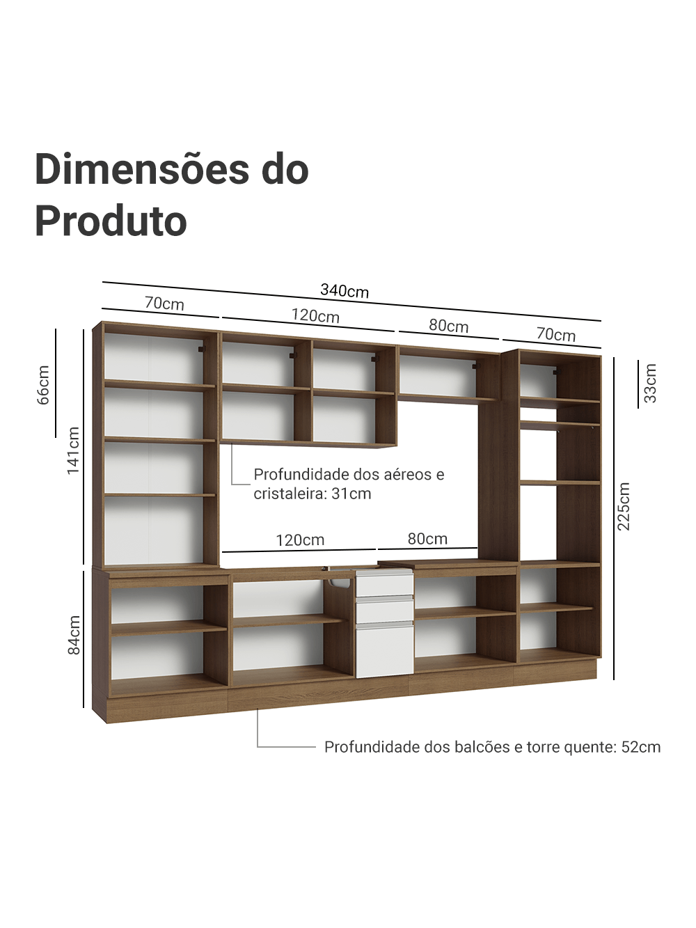 Armário de Cozinha Completa 340cm Rustic/Branco Glamy Madesa 01