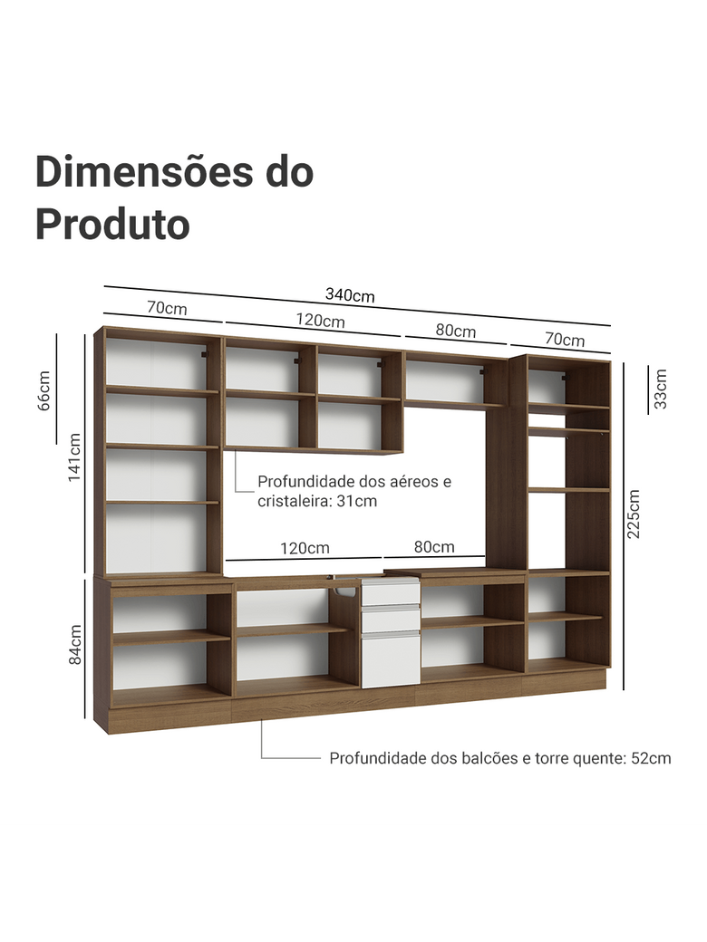 Armário de Cozinha Completa 340cm Rustic/Branco Glamy Madesa 01